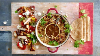 Sizzling_Chicken_Fajitas__Grilled_Peppers__Salsa__and_Rice_and_Beans___Prawn_Cocktail__King_Prawns__and_Sun-Dried_Pan_Bread